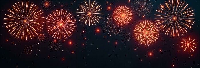 Fototapeta premium Looping golden fireworks, dark glitter background, copy space, marketing concept