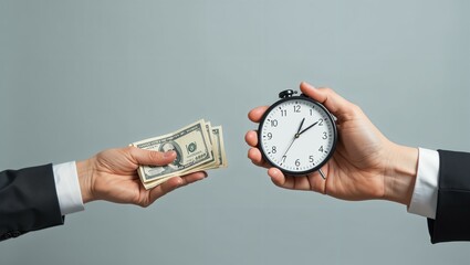 Time is money concept. Hands holding a ticking clock and a wad of money, grey background