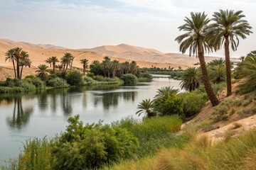 A serene lake in the middle of a vast desert oasis surrounded by towering palm trees and lush greenery, greenery, peaceful, serenity