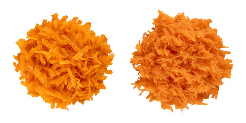 Grated carrot isolated on white background. Set of finely and coarsely grated carrots. Clipping path. Close up, top view.