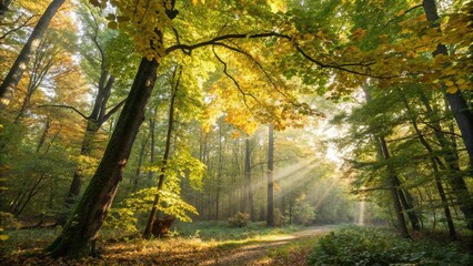 Obraz premium Sunlight filtering through the leaves of a dense forest, creating a vibrant display of green and gold colors, sunlight, forest, shadows, nature, scenery