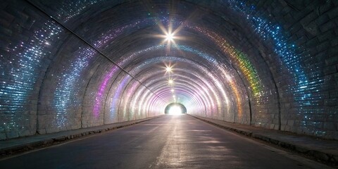 A shimmering, crystalline tunnel with a brilliant light at its terminus, casting a kaleidoscope of colors that refract and reflect in dazzling patterns, refracted, iridescent, colorful, crystalline