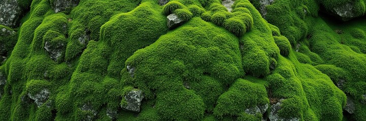 A thick layer of green moss covering a rough green rocky surface, plant growth, green texture background, forest floor