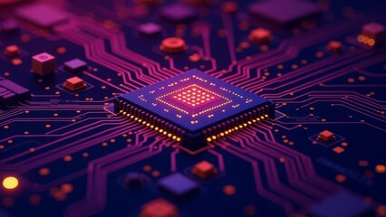 Futuristic microchip circuit board with glowing purple and orange lights