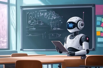 teacher futuristic robot in the class