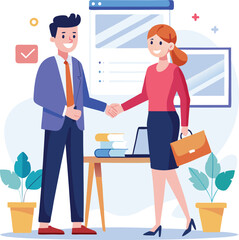 People shaking hands at work - Two businesspeople, man and woman doing handshake in office at work while smiling over business agreement and deal. Flat design stock illustration on white background