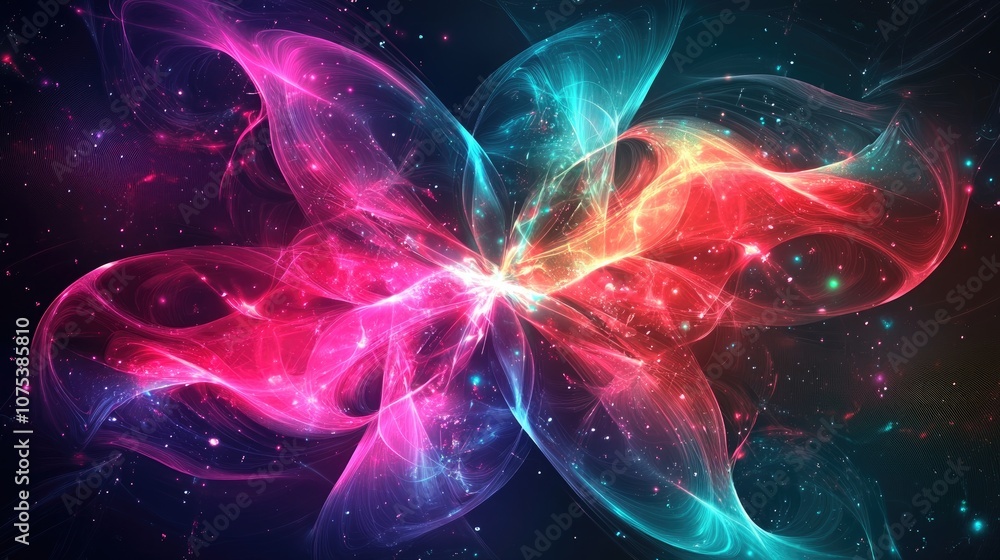 Poster abstract neon background with a fractal explosion star featuring glossy elements and dynamic lines