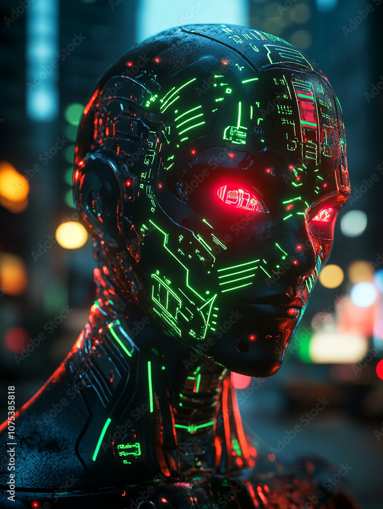 Poster a futuristic robot with glowing red eyes and green circuits stands in a city at night