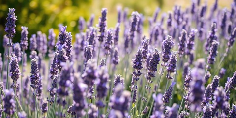 Naklejka premium A field of lavender plants swaying in the breeze, with sunlight filtering through the stems, landscape, meadow