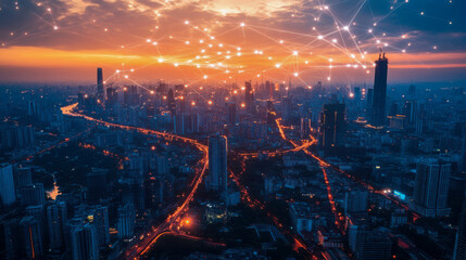 Fototapeta premium Futuristic cityscape with glowing networks during sunset, showcasing technology and connectivity