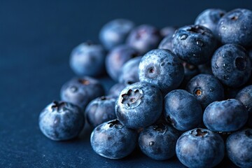 Close-up of juicy blueberries against a dark blue background with subtle shadow and highlight effects, plump, juicy, ripe, berries, shadow
