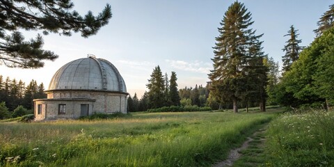 Domed structure amidst a stunning natural setting with an abundance of grass and trees, blue sky above, natural scenery, domed roof