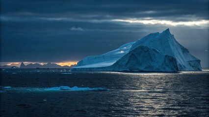 Luminous iceberg silhouette against a dark Antarctic sky, lunar glow, dark wilderness, iceberg silhouette, antarctic sky, polar landforms
