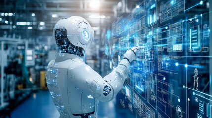 Fototapeta premium Futuristic robot interacting with digital interface in high-tech industrial environment
