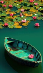Fototapeta premium Serene Landscape with Floating Boat and Colorful Water Lilies in Tranquil Waters