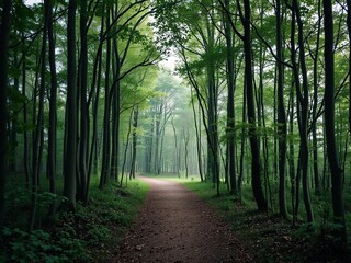 Obraz premium A solitary path disappears into the depths of the woods, acorns, earthy smell, forest scent