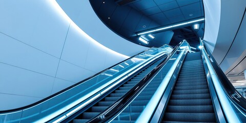 Fototapeta premium Curved staircase and modern escalator at airport with LED lighting, modern transportation hub design, curved staircase design, modern luxury airports