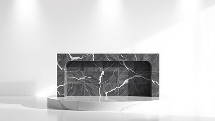 Elegant marble podium on a pristine white background, surrounded by a halo of light, showcasing the luxurious texture of the marble, elegant, spotlight, luxury