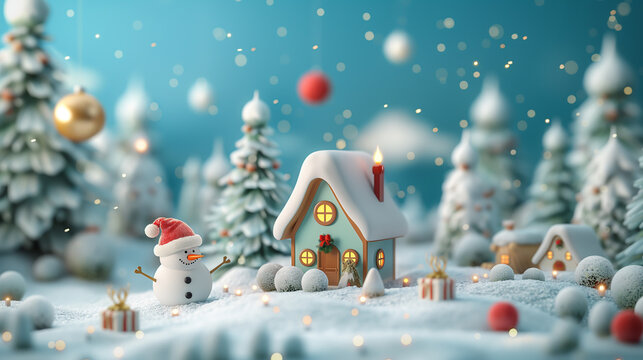 3D model style illustration. Christmas. Santa, snowman, reindeer and decorations hanging on ropes floating on the roof of the house, Christmas card background with snowman