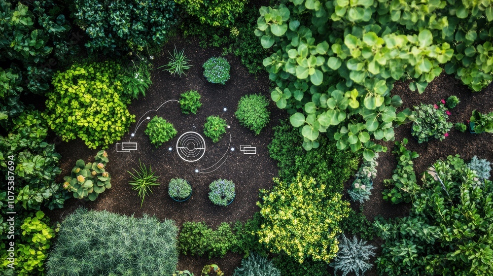 Poster lush green plants thrive in a smart garden equipped with automated sprinklers and soil sensors, demo
