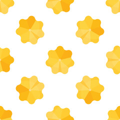 Seamless pattern featuring stylized yellow flowers on a white background, ideal for textile prints, packaging, or digital backgrounds