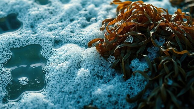 Close-up of seaweed and foamy water in the ocean, underwater scene, Algarve sea, beachy textures