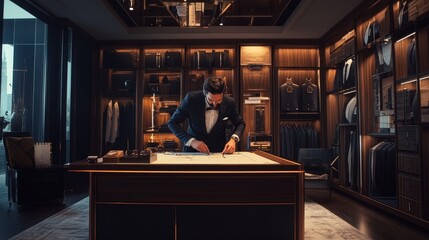 A well-dressed man arranging a tailored suit in a luxurious clothing store setting.