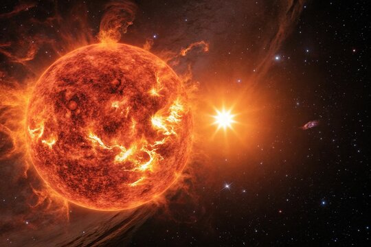 Fiery celestial entity in a state of intense transformation, fire, transformation, explosive, renewal, growth