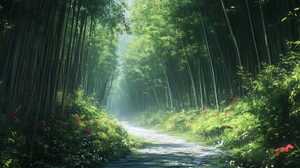 Obraz premium A serene path winds through the lush green bamboo, Beautiful green bamboo forest