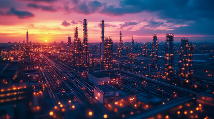Fototapeta premium Industrial complex at sunset with illuminated structures and smokestacks
