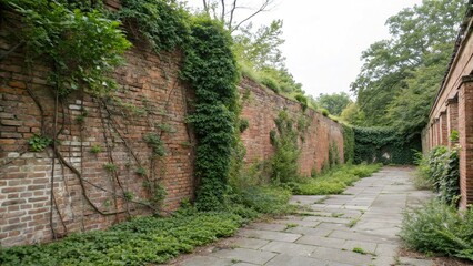 Obraz premium Weathered brick wall with vines and shrubs, woodland, earthy tone, lush greenery