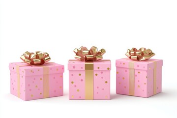 three pink gift boxes with gold bows on a white background