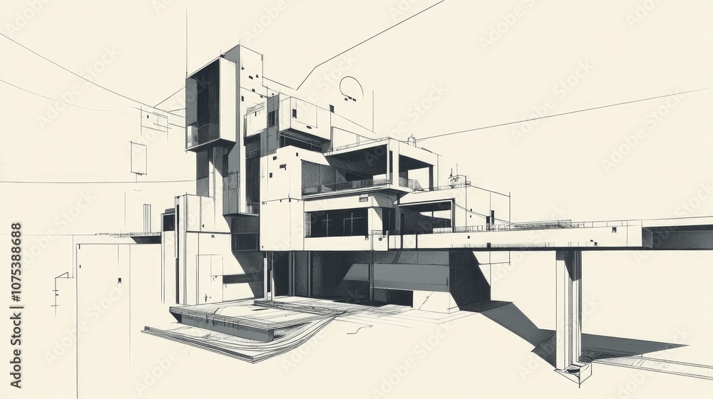 Poster line art depiction of an architectural sketch in a three dimensional style