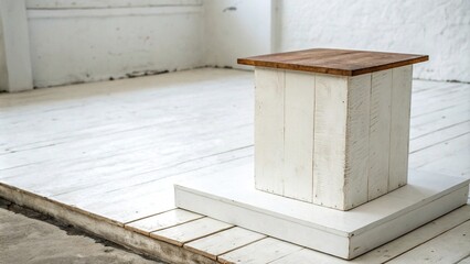 Obraz premium A simple square pedestal made of white wood rests on a plain white surface, adding a touch of warmth and coziness to the overall presentation, white background, neutral tones, modern aesthetic