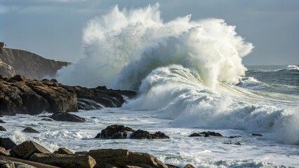Fototapeta premium A massive wave crashes onto the rocky shore, creating a wall of churning water and sending seawater flying high into the air, stormy weather, rugged landscape, rocky coastline, ocean waves crashing