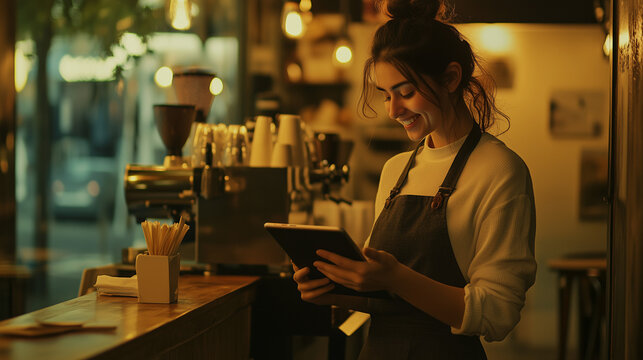 female business owner with tablet at cafe, holding a tablet