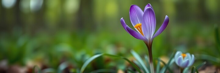 Fototapeta premium Close-up of a single purple crocus flower, with delicate petals and golden center, set against a soft green forest background, delicate beauty, nature photography, garden flowers