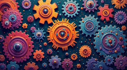 Gears and machinery with a touch of surrealism. This paragraph is striking and colorful. A background with abstract circles. Vector illustration