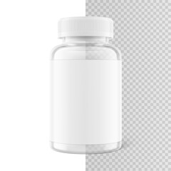 Clear eye-catching pill bottle with label mockup for supplements, vitamins, treats. Vector illustration isolated on white and transparent backgrounds. Mockup is ideal for health projects. EPS10.	