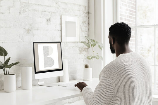 Man working at desk with computer in modern office, minimalist decor, plants, bright space