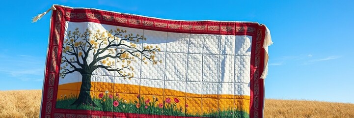 Photorealistic image of a quilt featuring a stylized illustration of a tree and flowers in a field against a bright blue sky, tree design, quilt pattern, colorful fabrics