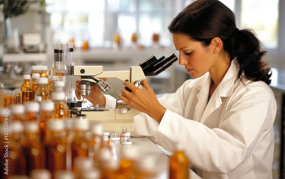Poster a scientist examines samples using a microscope in a laboratory filled with amber bottles.