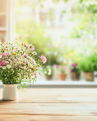 Bright Scandinavian kitchen with a wildflower bouquet on a wooden table in a sunny setting