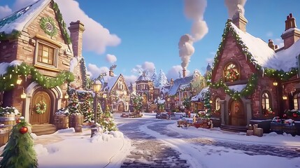 A Snowy Christmas Town Square with Decorated Houses