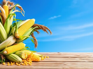 A wooden table laden with an abundance of fresh corn, corn husks, and golden kernels against a vibrant blue sky, garden fresh, countryside