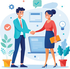 People shaking hands at work - Two businesspeople, man and woman doing handshake in office at work while smiling over business agreement and deal. Flat design stock illustration on white background