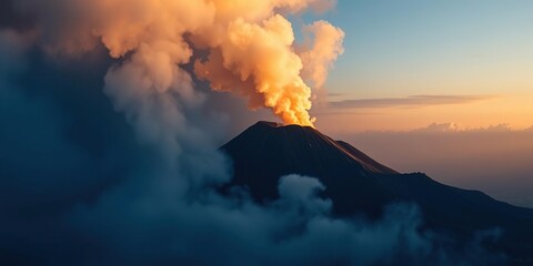 Fototapeta premium Ethereal wisps of smoke rise from a distant volcano, volcanic, transparent