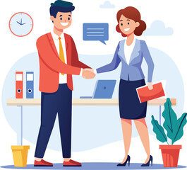 Obraz premium People shaking hands at work - Two businesspeople, man and woman doing handshake in office at work while smiling over business agreement and deal. Flat design stock illustration on white background