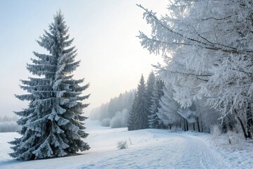 Fototapeta premium A serene winter scene with snow-covered trees and a white Christmas background featuring spruce branches with frosty morning dew, frosty mornings, snowflakes, evergreen trees, white christmas