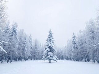 Fototapeta premium Snowy forest with a lone tree standing tall in the center of a cleared area, forest floor, frozen lakes, woodland scene